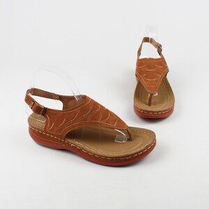 Tan Faux Suede Embroidered Slingback Thongs